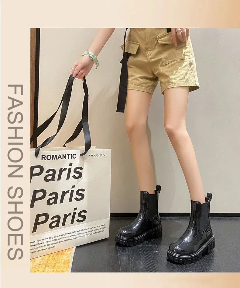 Women’s Shiny Color Fashion Rain Boots – Four-Season Waterproof Mid-Tube Ankle Outdoor Shoes