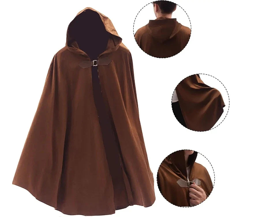 Men’s Medieval Hooded Cloak – Round Metal Buckle with Green Leaf Brooch Necklace for Halloween Costume