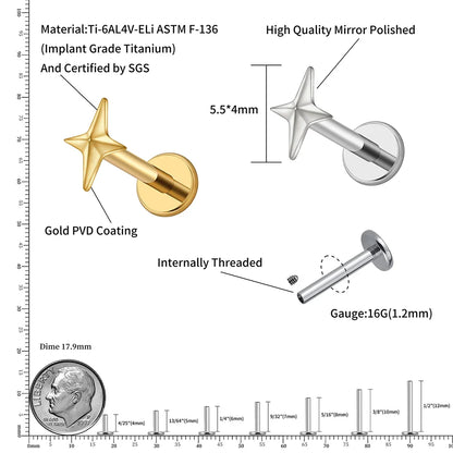 Right Grand ASTM F136 Titanium 16G Four-Pointed Star Cartilage Stud Earring – Helix, Tragus, Flatback Labret & Nose Piercing Jewelry