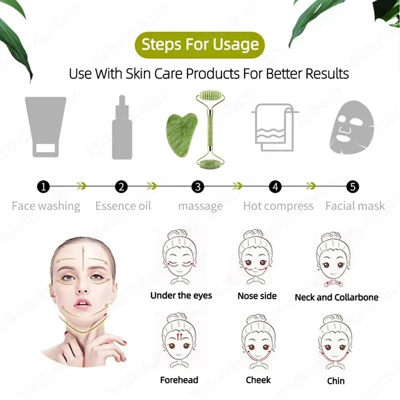 Jade Gua Sha Face Massager Roller - Facial Gouache Lifting & Body Slimming Massage Tool for Neck and Skin Care