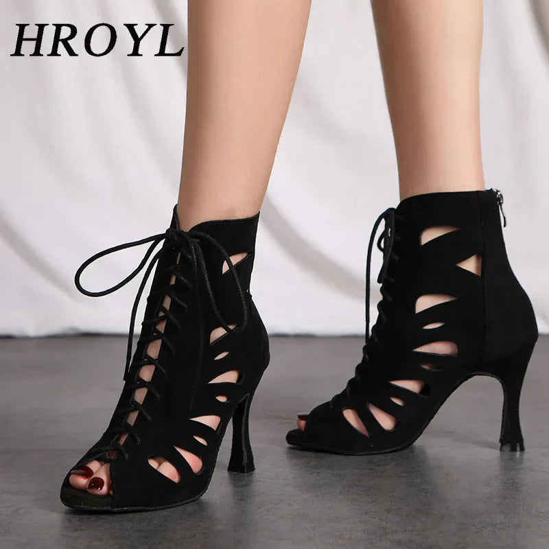 HROYL Women’s Latin Dance Shoes – Lace-Up Hollow Fish Mouth Jazz & Tango High Heels 6-10CM