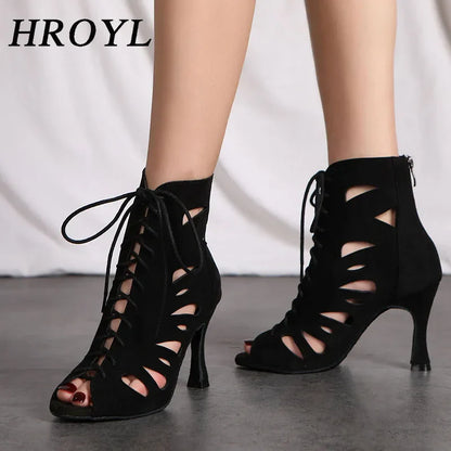 HROYL Women’s Latin Dance Shoes – Lace-Up Hollow Fish Mouth Jazz & Tango High Heels 6-10CM