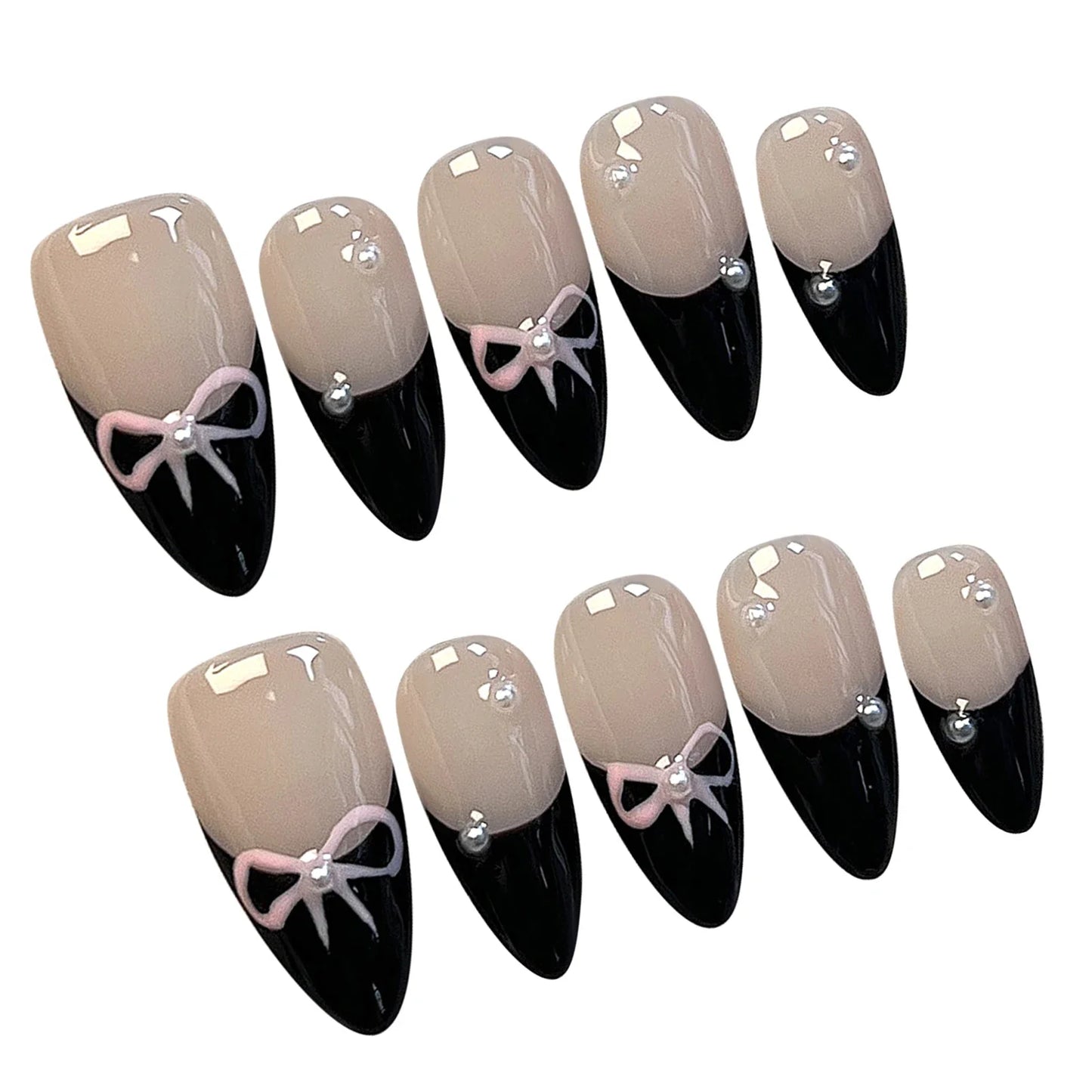 10 Pcs Black French Press-On Nails – Handmade Bowknot Design, Glossy Short Almond Fake Nails for Salon Art
