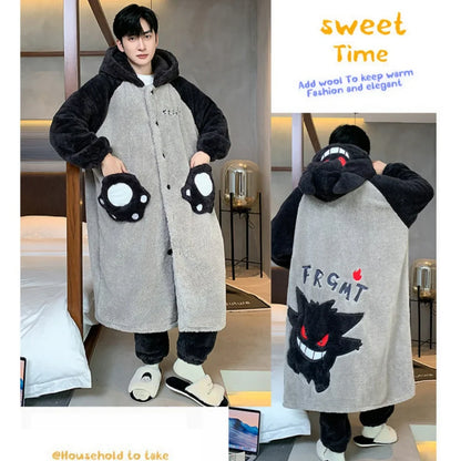 Gengar Pokemon Pajamas Set — Men’s Large Winter Coral Fleece Hooded Nightgown, Thick Warm Anime Home Suit