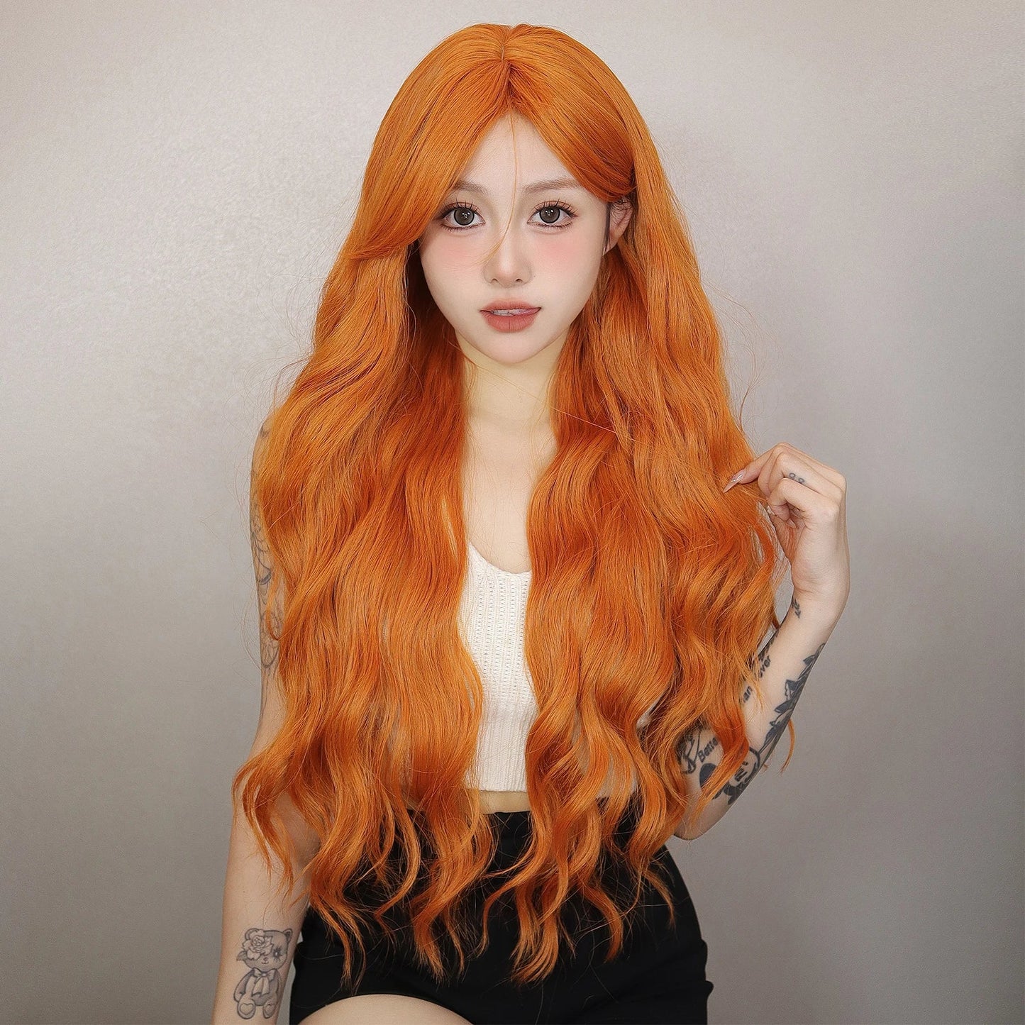 Long Orange Water Wave Wig for Women — Synthetic Wavy Hair with Bangs, Heat-Resistant for Cosplay & Party