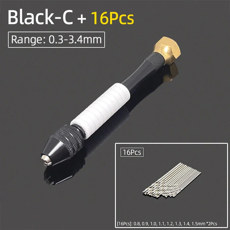 Mini Aluminum Hand Drill 0.3–3.4mm – Keyless Chuck Micro Rotary Tool with HSS Twist Drill Bit Set for Wood & DIY Crafts