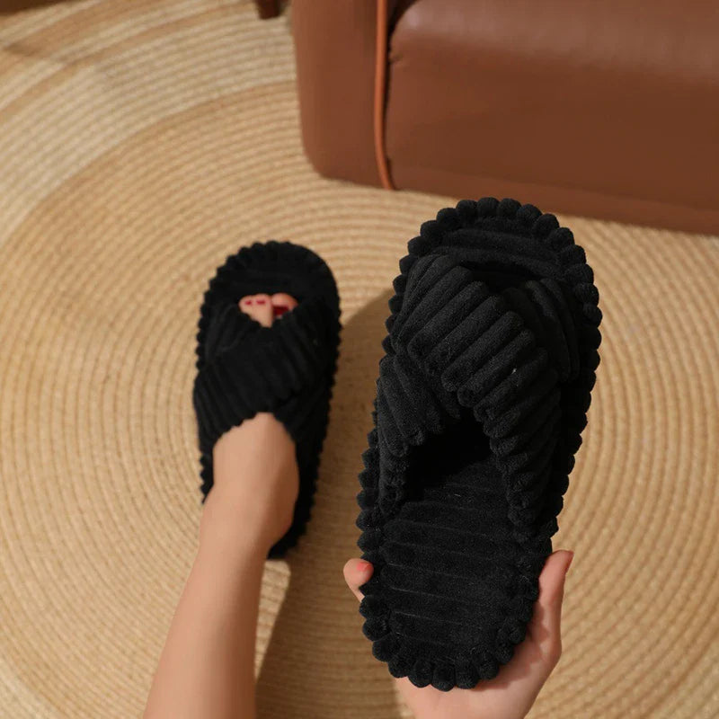 Women’s Corduroy Cross Band Home Slippers – Soft Plush Indoor Bedroom Slides for Spring & Autumn Comfort Wear