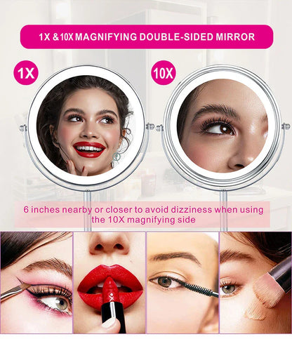 8 Inch 10X Magnifying LED Makeup Mirror - Double-Sided with 3 Color Light Touch Switch, USB Charging, Desktop Vanity Cosmetic Mirror