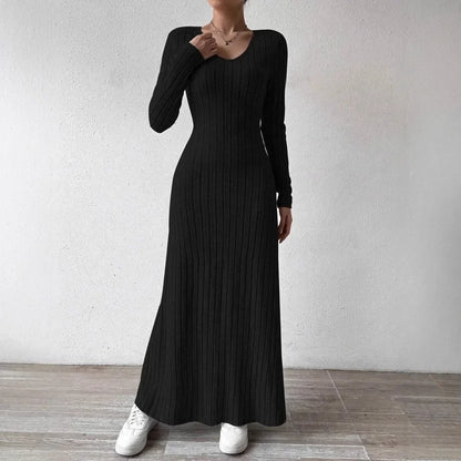 Knitted Long Sleeve A-Line Dress - Women's Slim Fit Solid Color Streetwear Maxi Dress with Elegant Silhouette