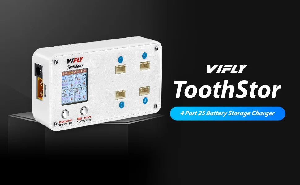 VIFLY ToothStor 4-Port 2S Balance Charger – LCD Display with Storage Mode for LiHV/LiPo RC FPV Racing Drone Batteries