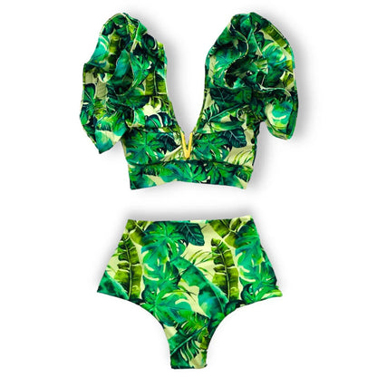 Sporlike V-Neck Ruffled Bikini Set – High Waist Sexy Printed Two-Piece Swimsuit for Women 2025
