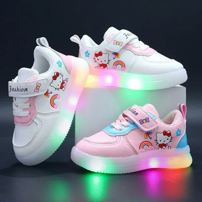 LED Kids Shoes for Girls — Cute Hello Kitty Cartoon Canvas Sneakers, Soft-Bottom Casual Shoes, Baby Girl Kawaii Footwear