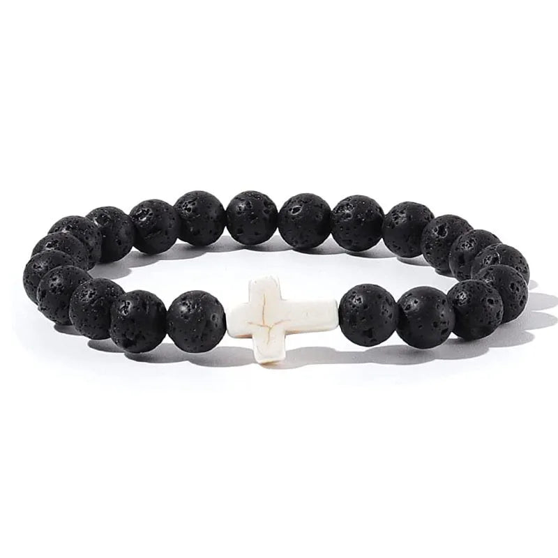 Natural Stone & Wood Bead Rosary Bracelet - Hematite Cross Meditation & Yoga Jewelry for Men & Women