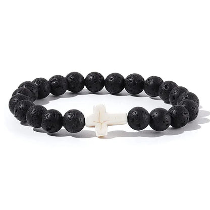 Natural Stone & Wood Bead Rosary Bracelet - Hematite Cross Meditation & Yoga Jewelry for Men & Women