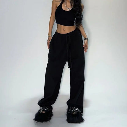 Y2K Gray Wide-Leg Cargo Pants - Vintage Tactical Drawstring Jogger Streetwear for Men & Women