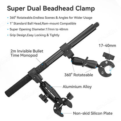 Selfie Stick Monopod Handlebar Mount – Compatible with Insta360 X4/X3/X2, GoPro 8-13 & DJI for Bicycle & Motorcycle