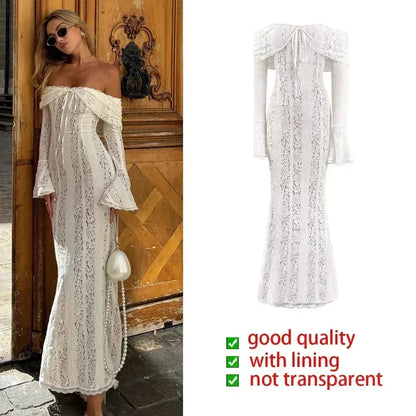 Suninheart White Off-Shoulder Bodycon Dress – 2025 Elegant Lace Long Sleeve Maxi Dress for Women, Wedding Guest Outfit