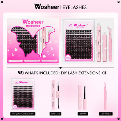 WOSHEER DIY Eyelash Cluster Kit – Faux Mink Lash Extensions with Bond, Seal & Remover for Natural Thick Individual Lashes