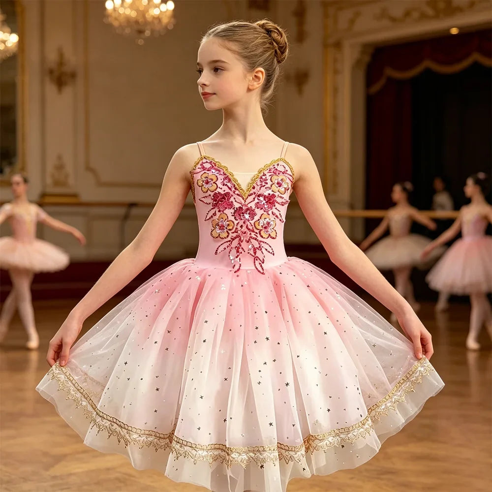Girls' Ballet Costume - Pink Tulle Skirt with Sequin Flowers for Dance Performances