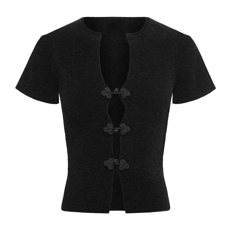 Maemukilabe Y2K Vintage Buckle Crop Top – Retro V-Neck Slim Fit Open Front Korean Preppy T-Shirt