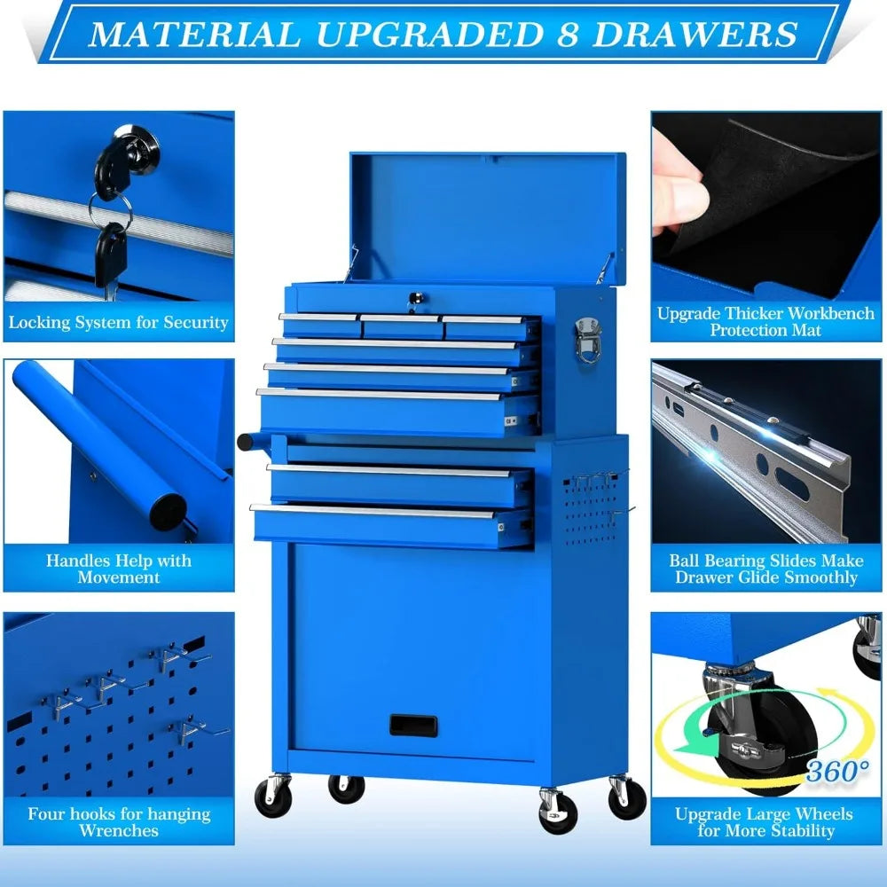 8-Drawer Rolling Tool Chest – Mobile Tool Box with Wheels, Garage Storage Cabinet