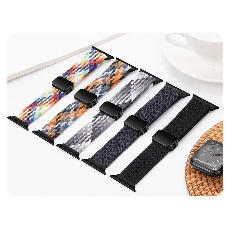 Nylon Braided Loop Apple Watch Band – Magnetic Metal Bracelet Strap for Ultra 2, Series 3–9 & SE (40mm–49mm) Adjustable Wristband