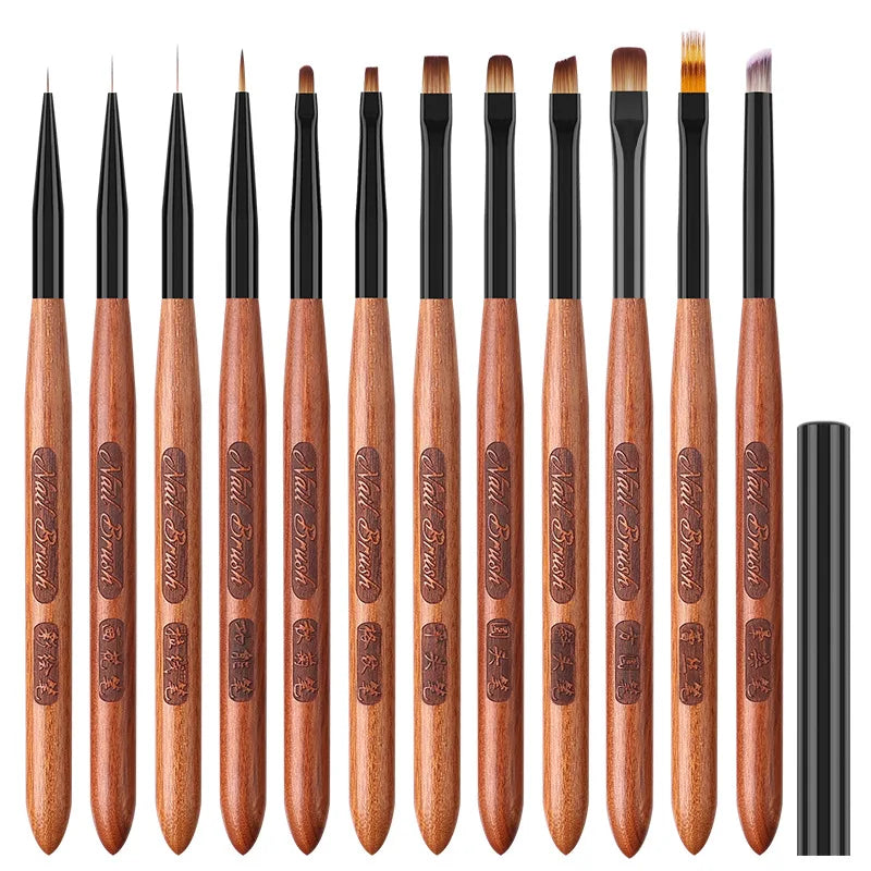 Sandalwood Handle Nail Art Brush Set – Gradient Blooming UV Gel Liner & Flower Drawing Tools for Stripes & Nail Painting