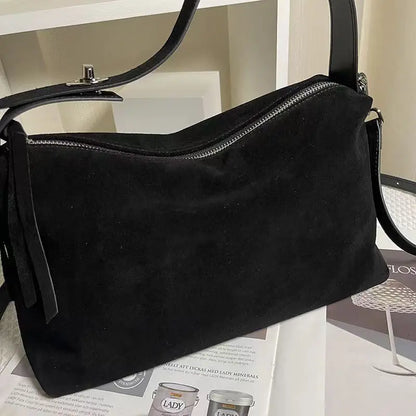 Simple Autumn Winter Grey & Brown Boston Tote — Soft Matte Suede Cow Leather Women's Shoulder Handbag