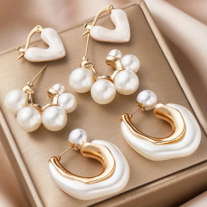 3-Piece Pearl Heart Hoop Earrings Set — Vintage Elegant Trendy Earrings for Women, Perfect Jewelry Gift