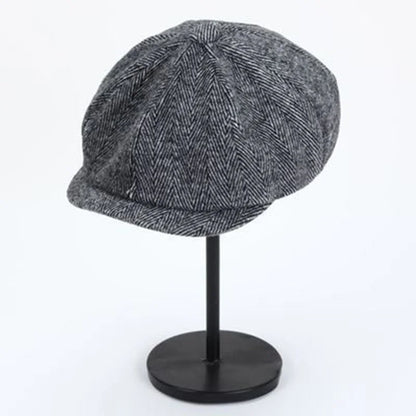 Men's Retro Newsboy Cap - Octagonal Flat Hat with Herringbone Design, British Painter Style Beret for Autumn and Winter