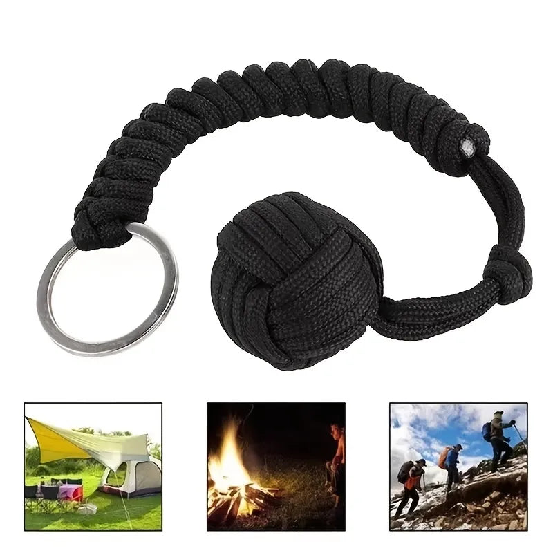Outdoor Self-Defense Umbrella Rope with Monkey Fist Steel Ball - Paracord Survival Key Chain for Safety