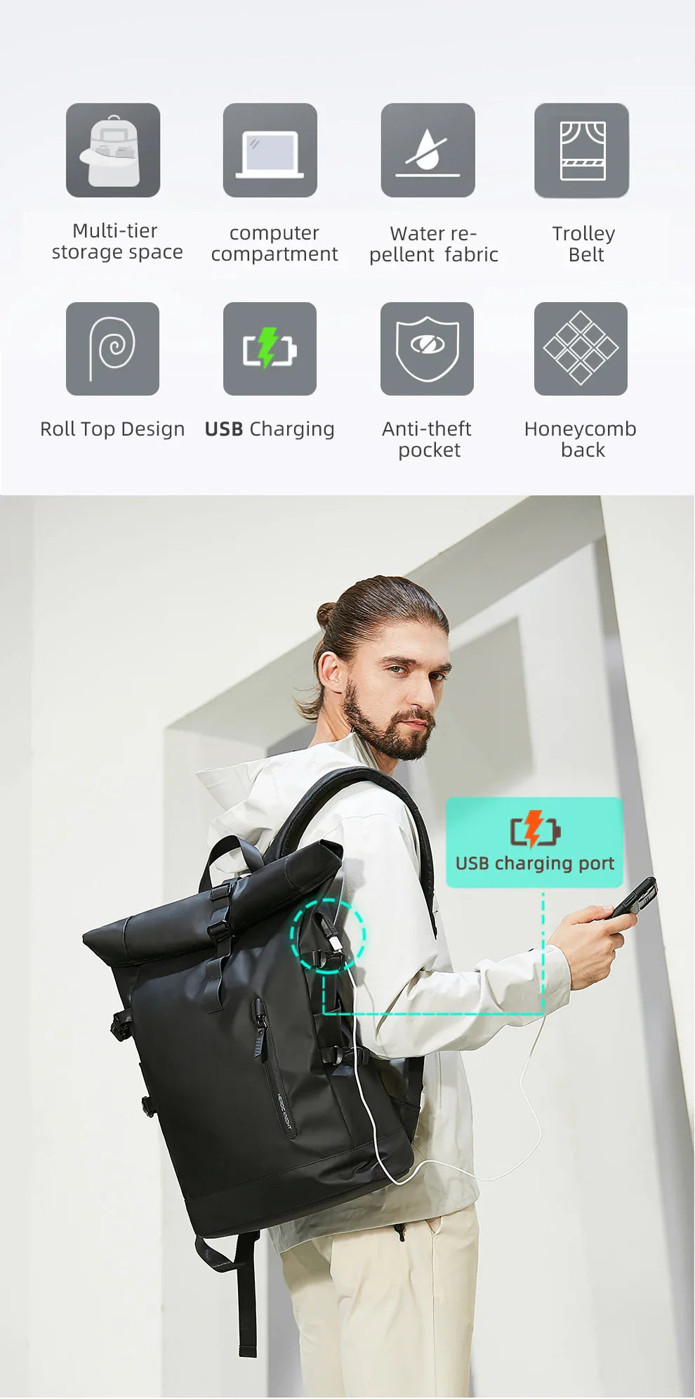 HK Expandable Travel Backpack for Men – Large Capacity Waterproof 15.6” Laptop Bag, Hiking Rucksack & Cycling Daypack with USB Port