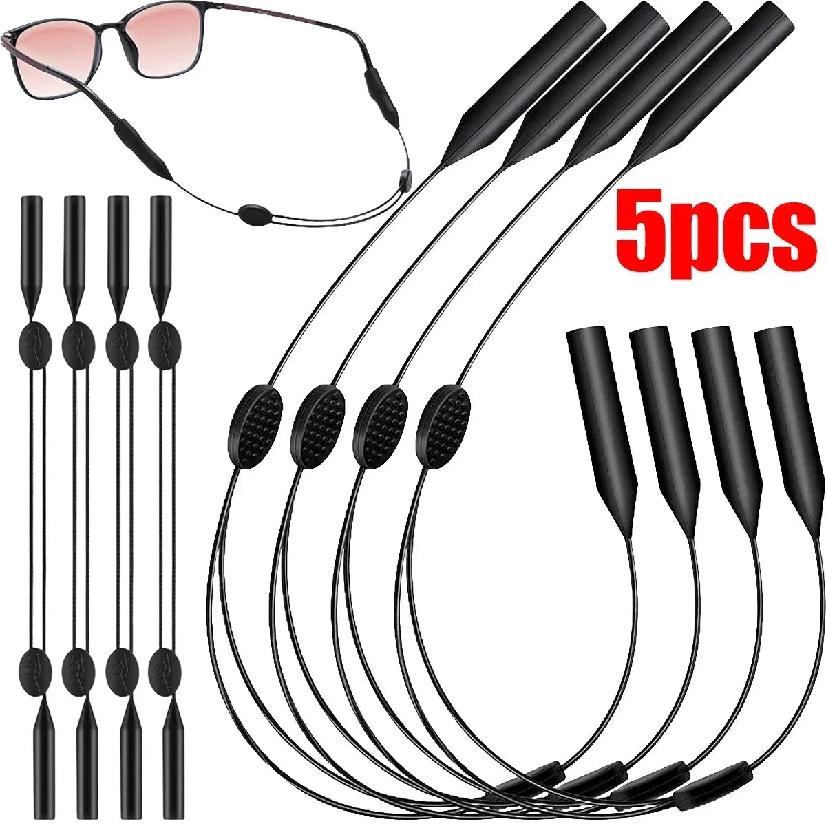 Universal Adjustable Eyewear Retainer: 5pcd Sports Sunglasses Strap - Unisex Safety Glasses Holder with Large Round-Head Fit