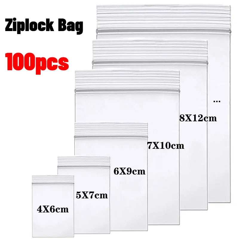 100pcs Thick Zipper Sealed Clear Plastic Storage Bags - Reclosable Ziplock Bags for Jewelry, Food and Packing