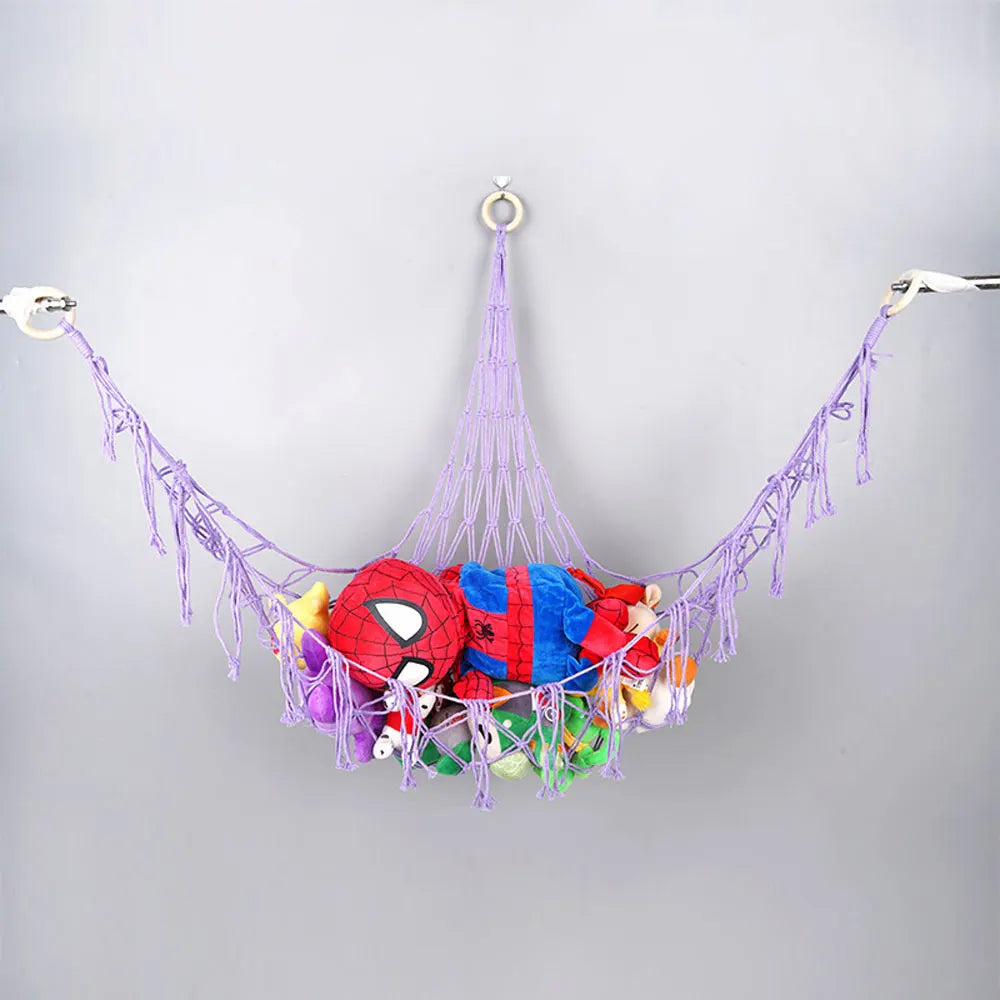 Kids Toy Hammock Wall Corner Hanging Storage Net – Woven Cotton Stuffed Animal Organizer