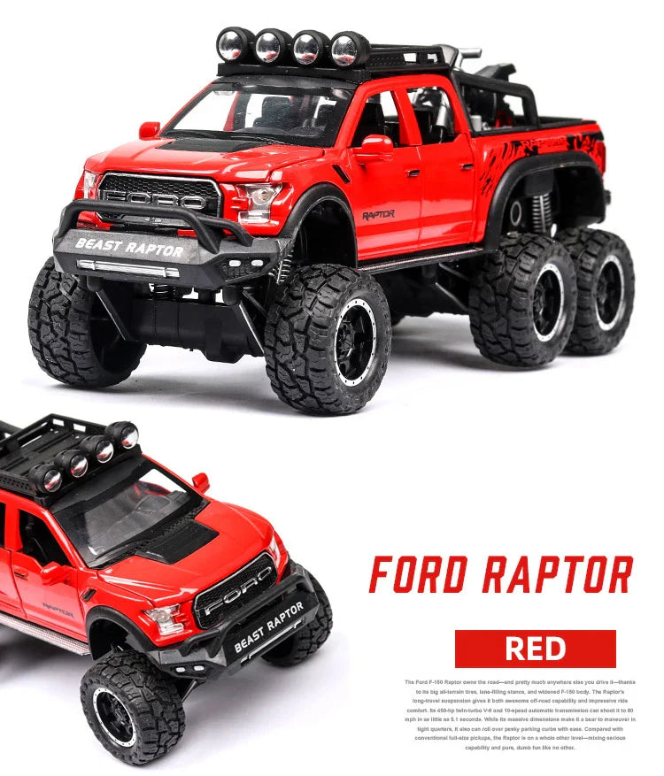 1:24 Diecast F150 Raptor Pickup Truck — Metal Model Car with Sound & Light for Kids Age 3+, Blue
