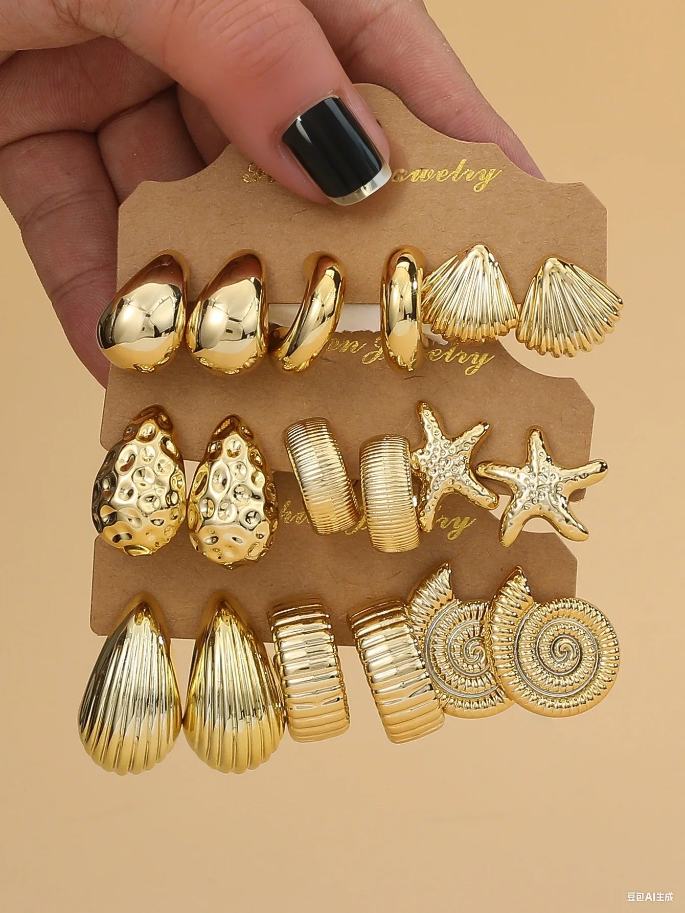 3–6 Pair Fashion Earrings Set – Gold Starfish, Seashell, Water Drop & C-Shape Textured Earrings for Travel & Vacation Style Jewelry