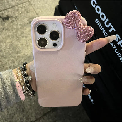 Luxury Rhinestone Bow Litchi-Texture Leather Shockproof Soft Case — Fits iPhone 17 Pro Max/16/15/14/13/12/11/X/XS/7 Plus