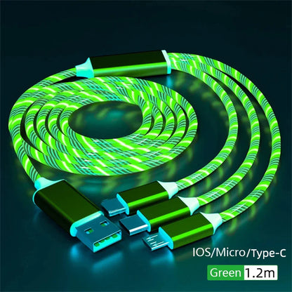 NNBILI 3-in-1 Glowing LED Fast Charging Cable – Luminous USB Type-C Charger for iPhone, Xiaomi & Phones