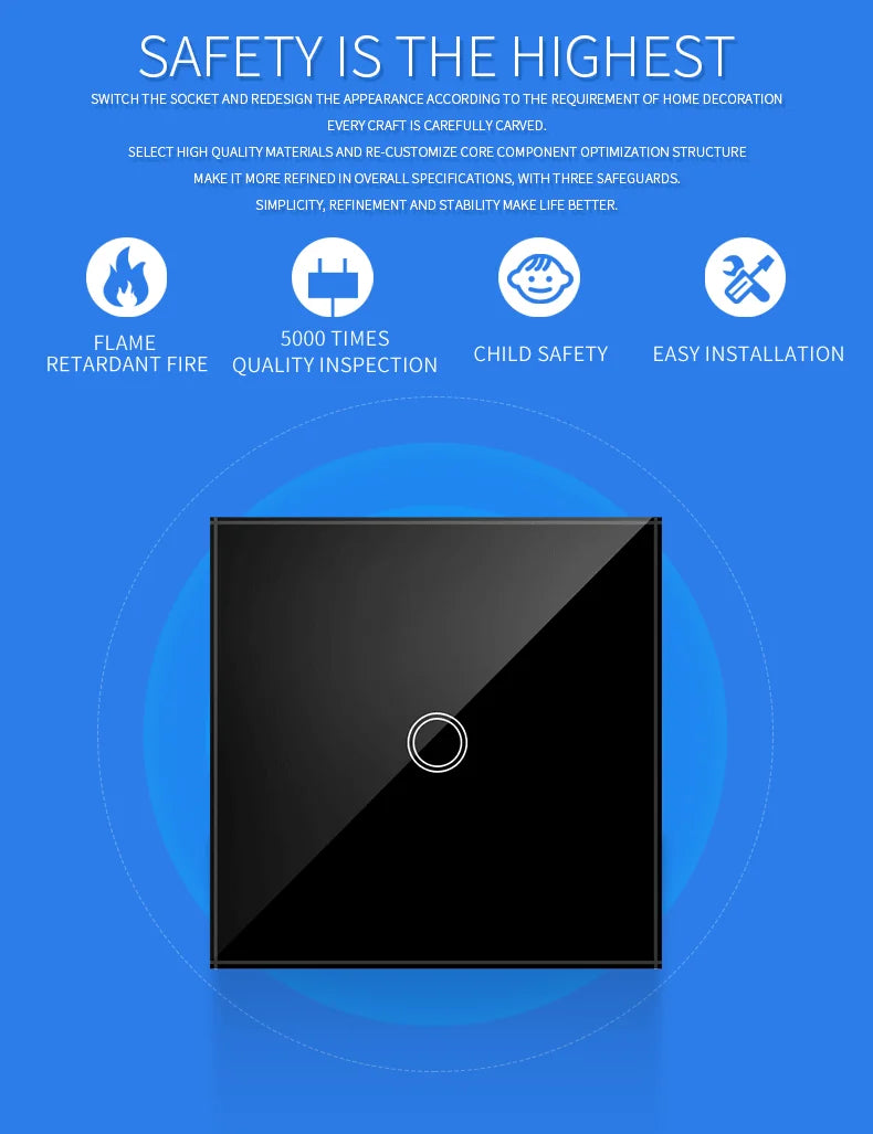 AXUS EU Touch Switch | AC100-240V LED Backlight Panel, Tempered Glass Wall Light Sensor Switch, 1/2/3 Gang