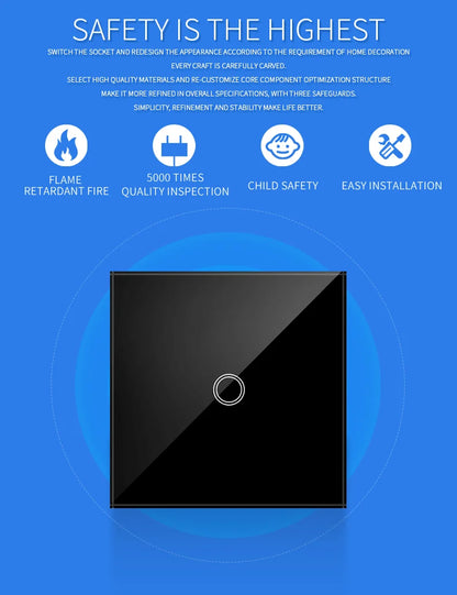 AXUS EU Touch Switch | AC100-240V LED Backlight Panel, Tempered Glass Wall Light Sensor Switch, 1/2/3 Gang
