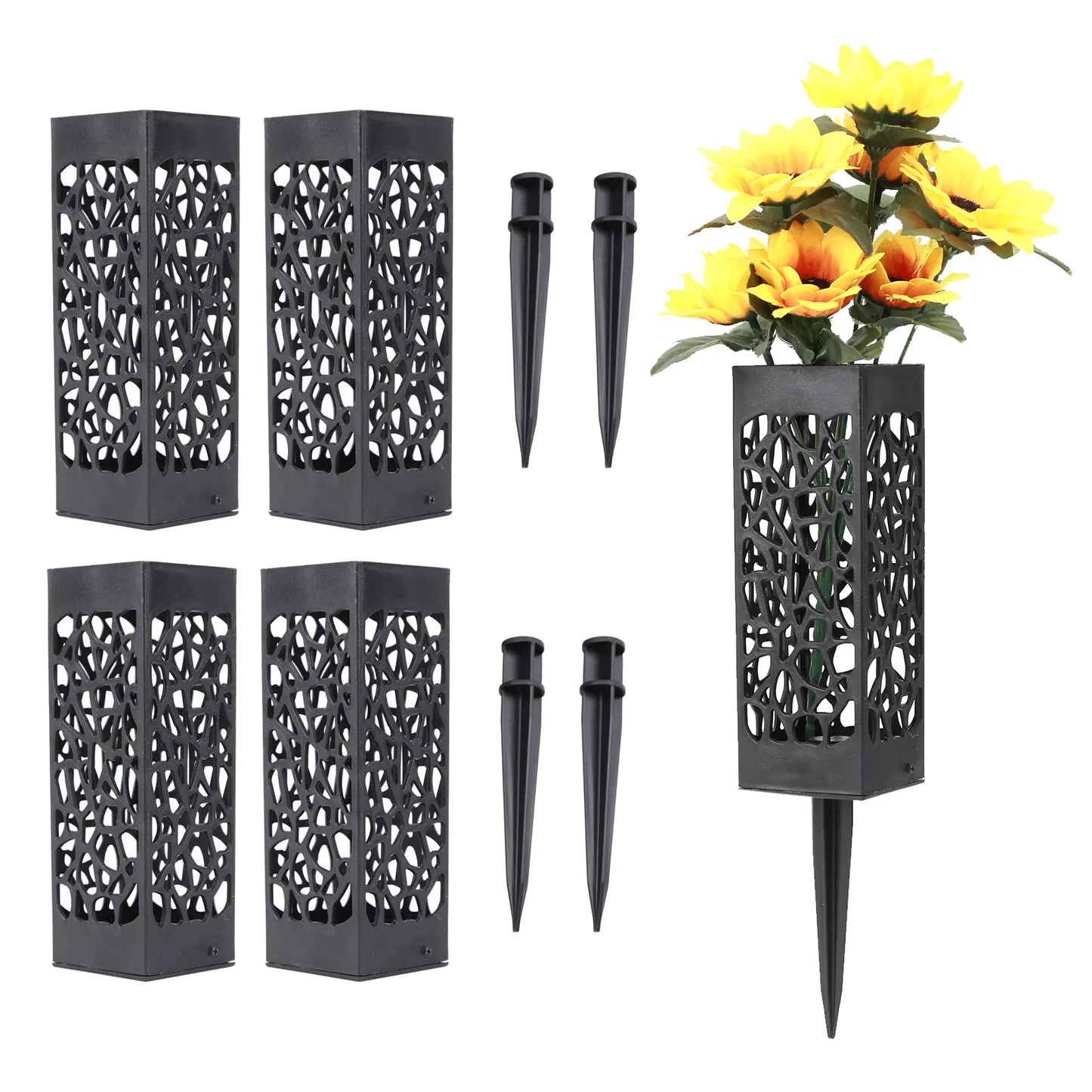Plastic Grave Vase with Stake – Fluted Flower Holder for Cemetery, Drainage Hole for Gravestone Decoration