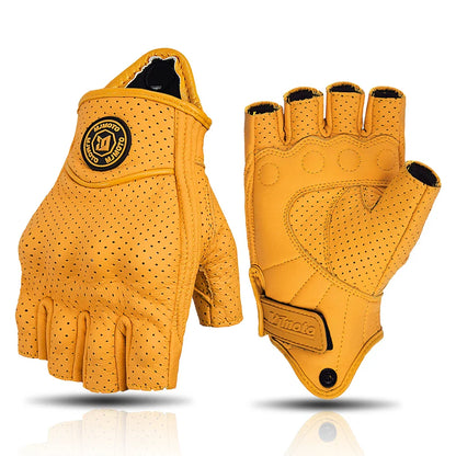 MJMOTO Retro Leather Motorcycle Half Finger Gloves – Touchscreen Motocross Gloves with Hard Shell Protection, Breathable Design