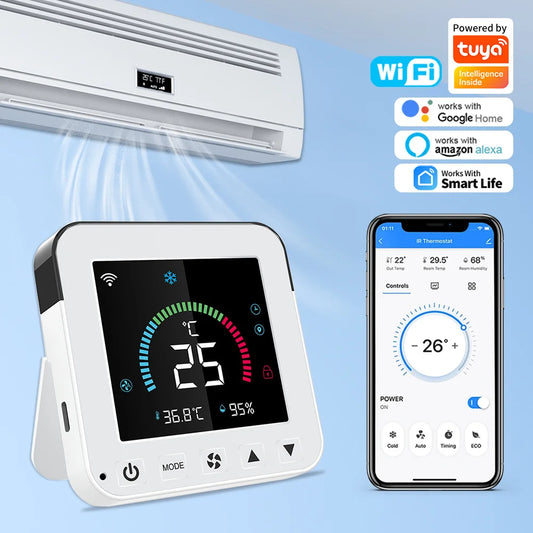 Tuya WiFi Smart Thermostat – IR Air Conditioner Remote with Temperature & Humidity Sensor, LCD Touch Screen, Google Home & Alexa Compatible