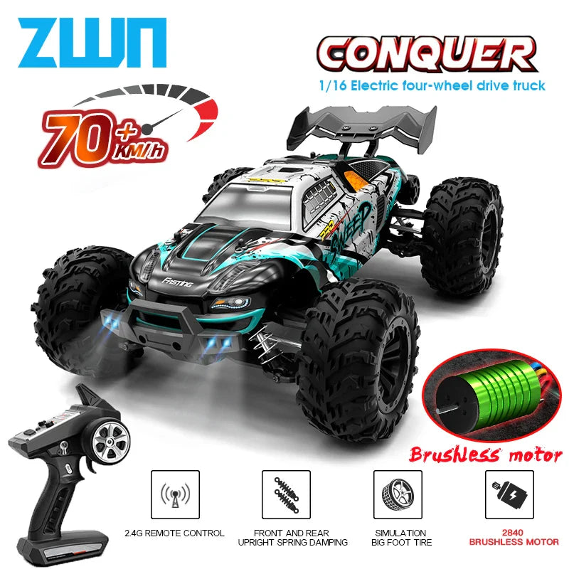ZWN 1:16 4WD RC Monster Truck – 70KM/H High-Speed Drift Remote Control Car with LED for Kids, vs Wltoys 144001
