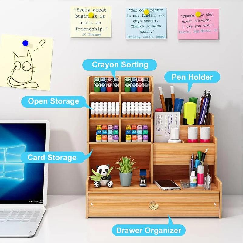 Wooden Desk Organizer DIY, Large Capacity Pen Holder with Drawer, Desktop Tidy and Stationery Storage Box for Home, Office, and School