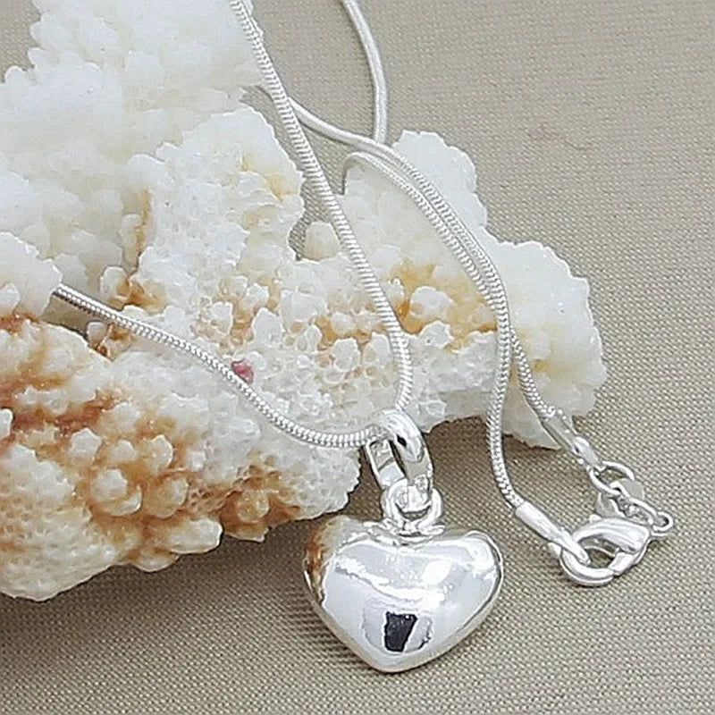 Fine 925 Sterling Silver Solid Heart Necklace — 18–24 Inch Snake Chain for Women, Wedding Charm, Luxury Fashion Jewelry