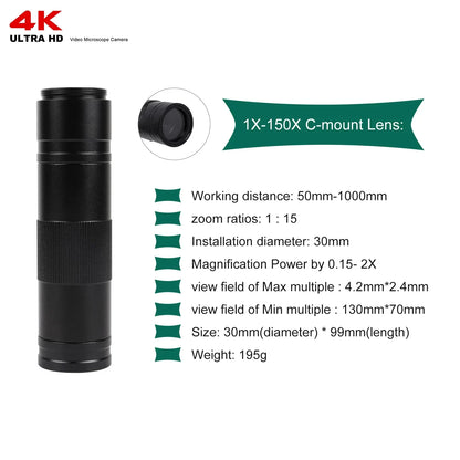 1080P 4K Industrial Microscope – 150X C-Mount Lens with 48MP/13MP Digital Camera, HDMI/USB-C/VGA for PCB Soldering & DIY