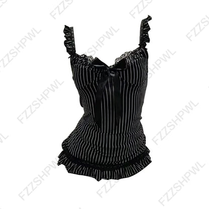Women’s Grunge Punk Gothic Camisole Top – Y2K V-Neck Bow Lace Slim Fit Crop Cami Streetwear