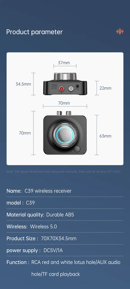 Bluetooth 5.0 Audio Receiver Wireless Adapter | 3D Stereo Music, TF Card, RCA & 3.5mm AUX for Car, Speaker, Amplifier, Headphones